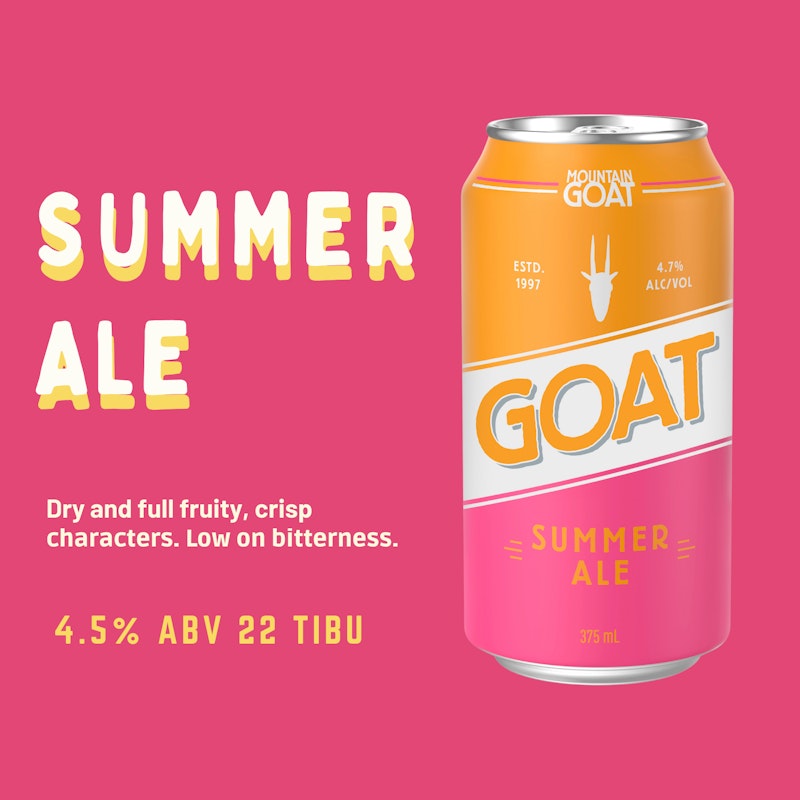 Mountain Goat Summer Ale, Crisp & Super Dry Craft Beer, Refreshing Ale, 4.7% ABV, 375mL (Case of 24 Cans) image number null