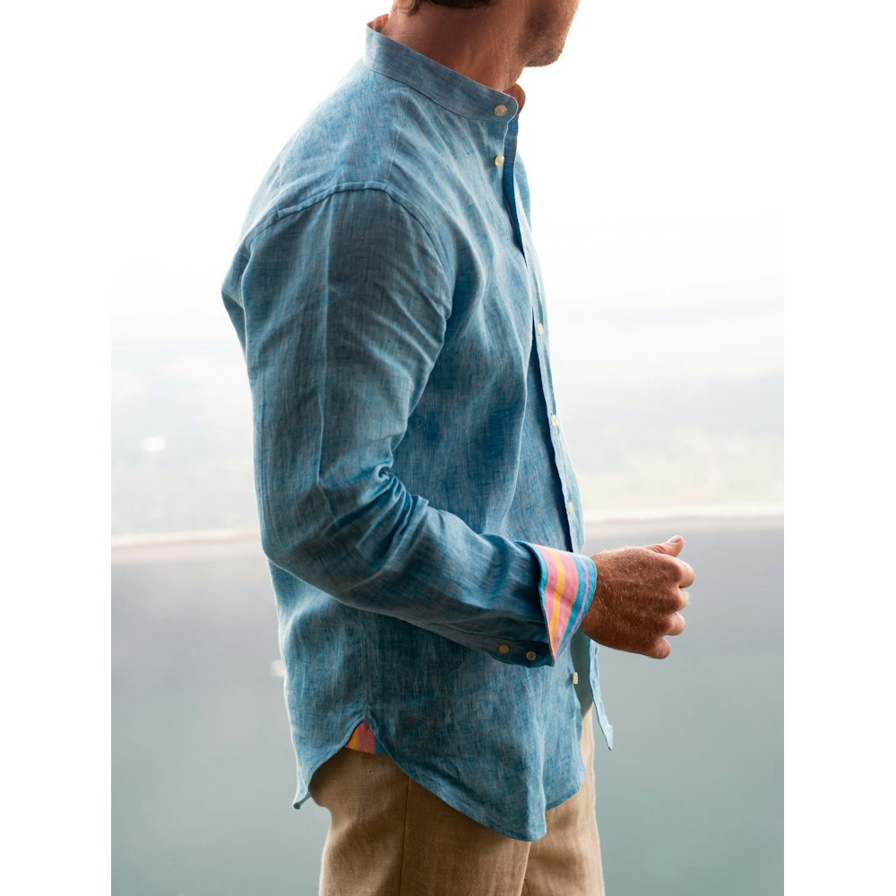 Koy Clothing Nyota Turquoise Linen Shirt - Grandfather Collar