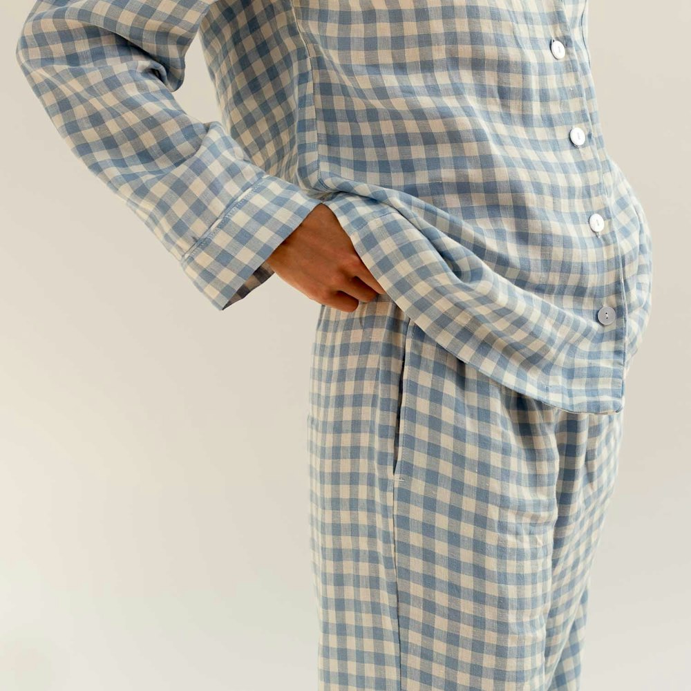 Piglet in Bed Warm Blue Gingham Linen Pyjama Trousers 