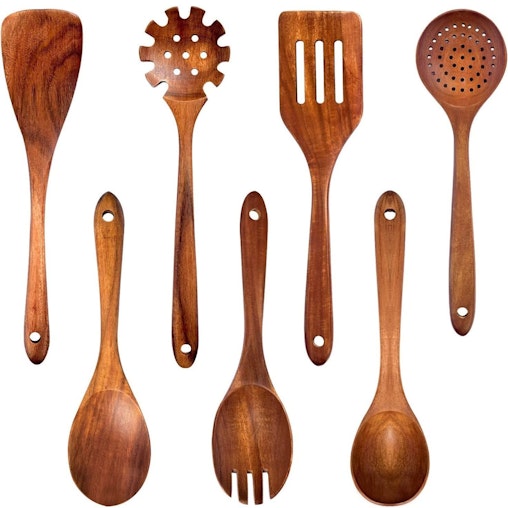 7Pcs Teak Wooden Utensils Cooking Non-Stick Spatula Set Comfortable Grip 7Pcs Teak Wooden Utensils Cooking Non-Stick Spatula Set Comfortable Grip