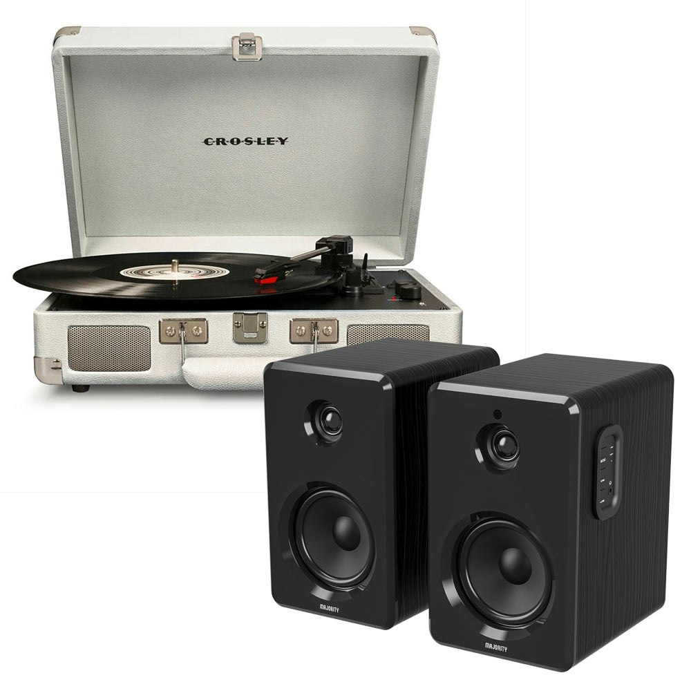Crosley Cruiser Bluetooth Portable Turntable - White Sands + Bundled Majority D40 Bluetooth Speakers - Black