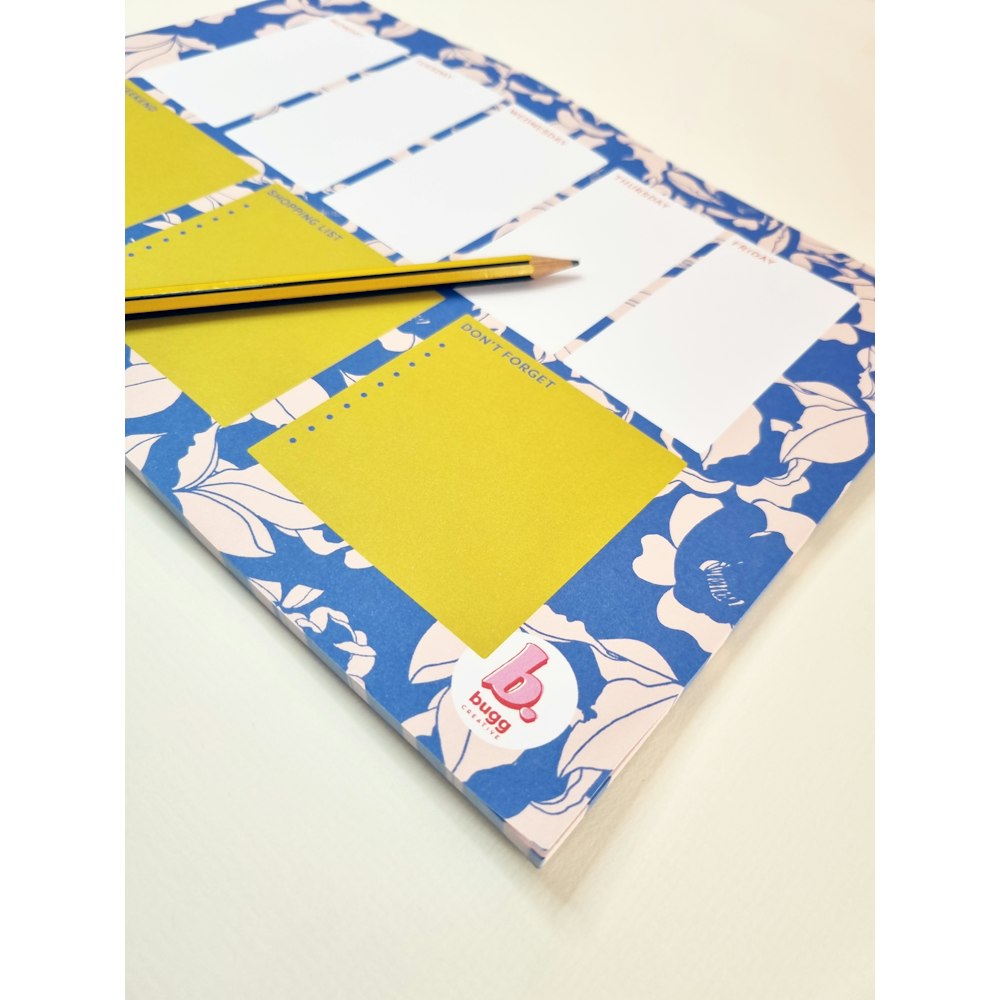 Bugg Creative Floral Illustrated Weekly Planner - Blue Pattern - Notepad- A4