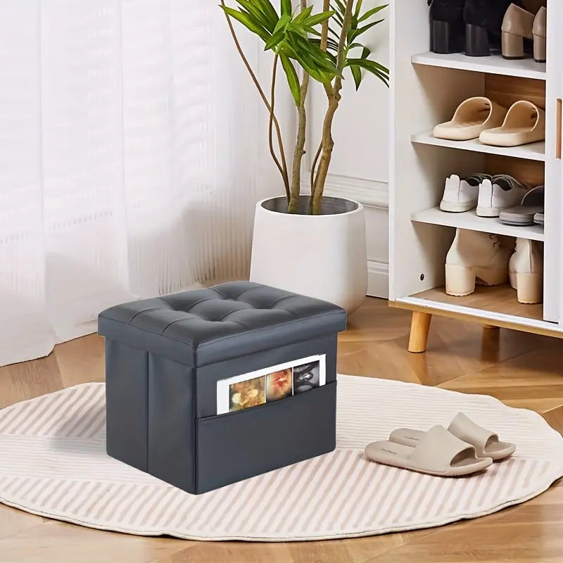 NNETM Black PU Leather Storage Ottoman: Folding Foot Stool with Thicker Foam image number null