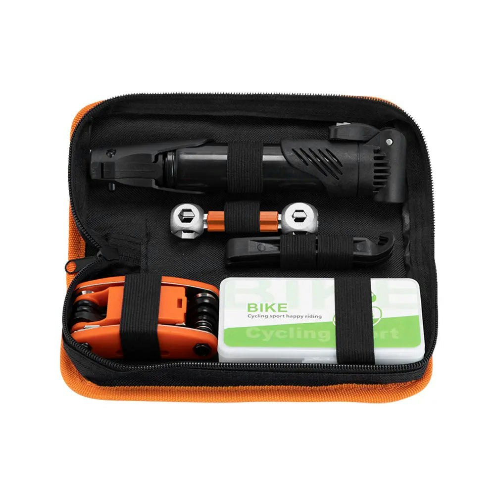 AKEZ Portable Tyre Tool Bag Multi-function Bike Tire Repair Tool Kit Inflator Repair Wrench Set - Black&Orange