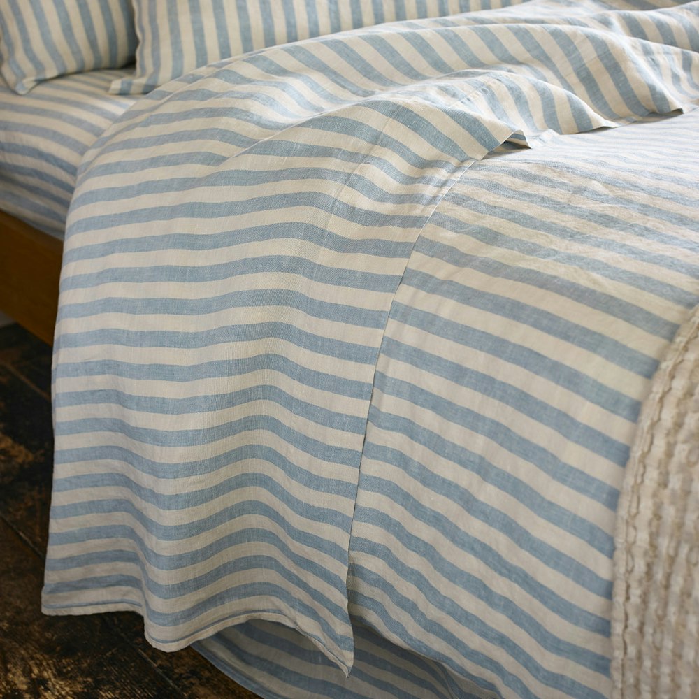 Piglet in Bed Coastal Blue Pembroke Stripe 100% Linen Flat Sheet