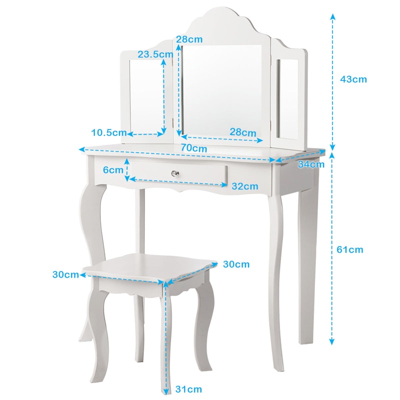 NNECW Kids Dressing Table Set with Stool & Mirror for Children Ages 3-7-White image number null