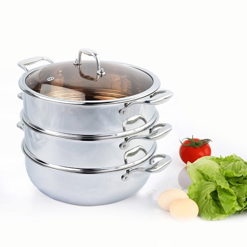 SOGA 3 Tier 28cm Heavy Duty Stainless Steel Food Steamer Vegetable Pot Stackable Pan Insert with Glass Lid SOGA 3 Tier 28cm Heavy Duty Stainless Steel Food Steamer Vegetable Pot Stackable Pan Insert with Glass Lid