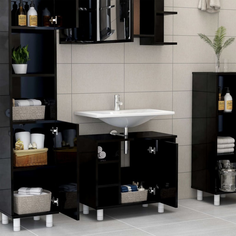 NNEVL Bathroom Cabinet High Gloss Black 60x32x53.5 cm Chipboard image number null