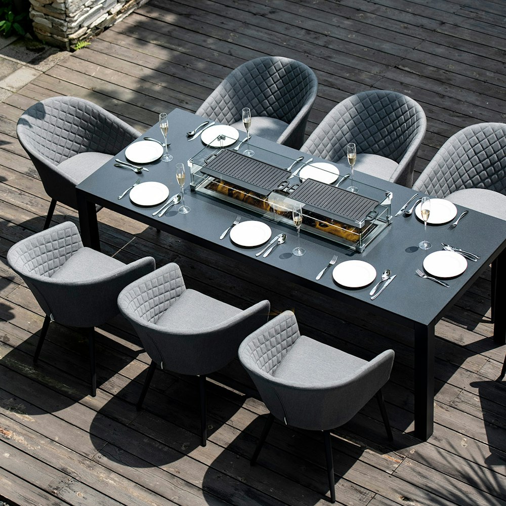 Maze Maze Outdoor Fabric Ambition 8 Seat Rectangular Dining Set With Fire Pit Table - Oatmeal