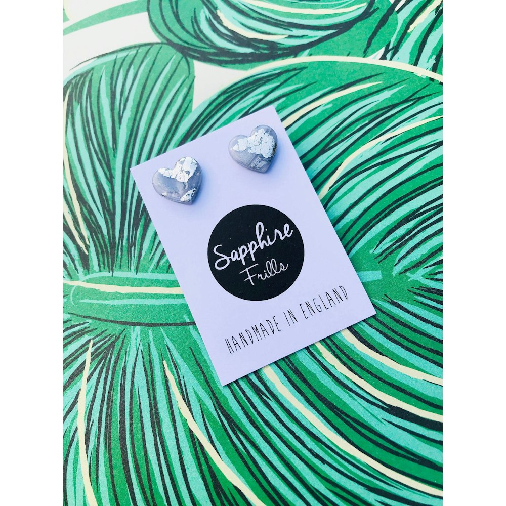 Sapphire Frills Small Translucent Silver Marble Heart Stud Earrings