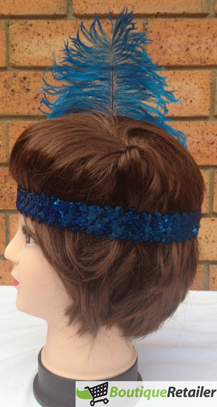 1920s FLAPPER HEADBAND Headpiece Feather Sequin Charleston Costume Gatsby Dance - Blue image number null