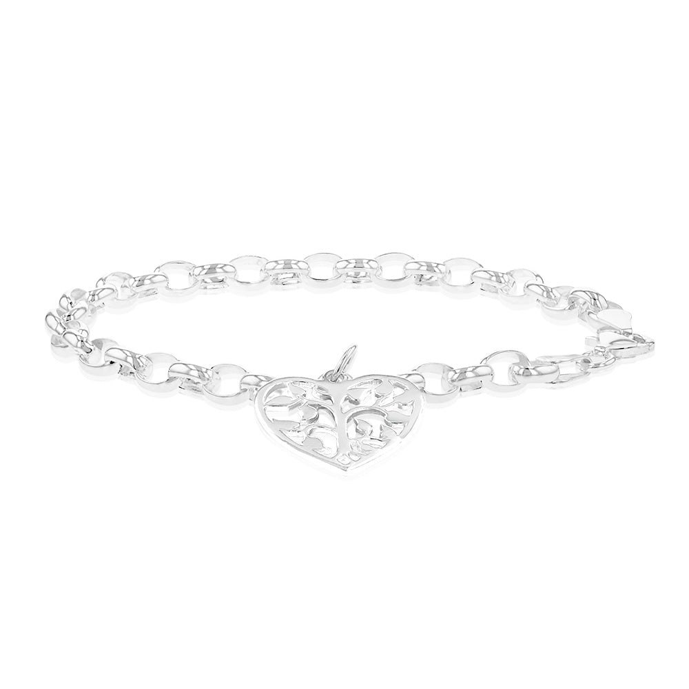 Sterling Silver Belcher Tree Of Life Heart Charm 18cm Bracelet