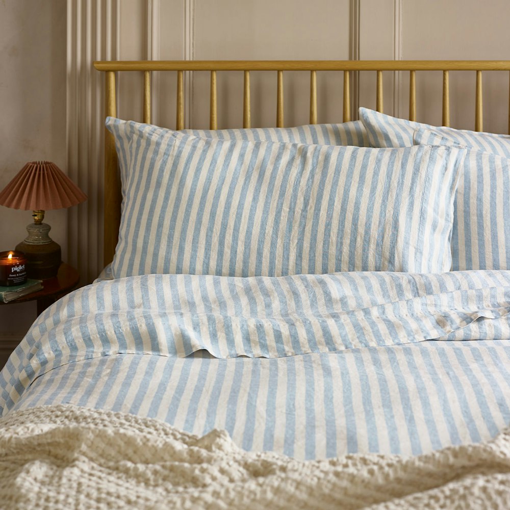 Piglet in Bed Coastal Blue Pembroke Stripe Linen Blend Pillowcases (pair)