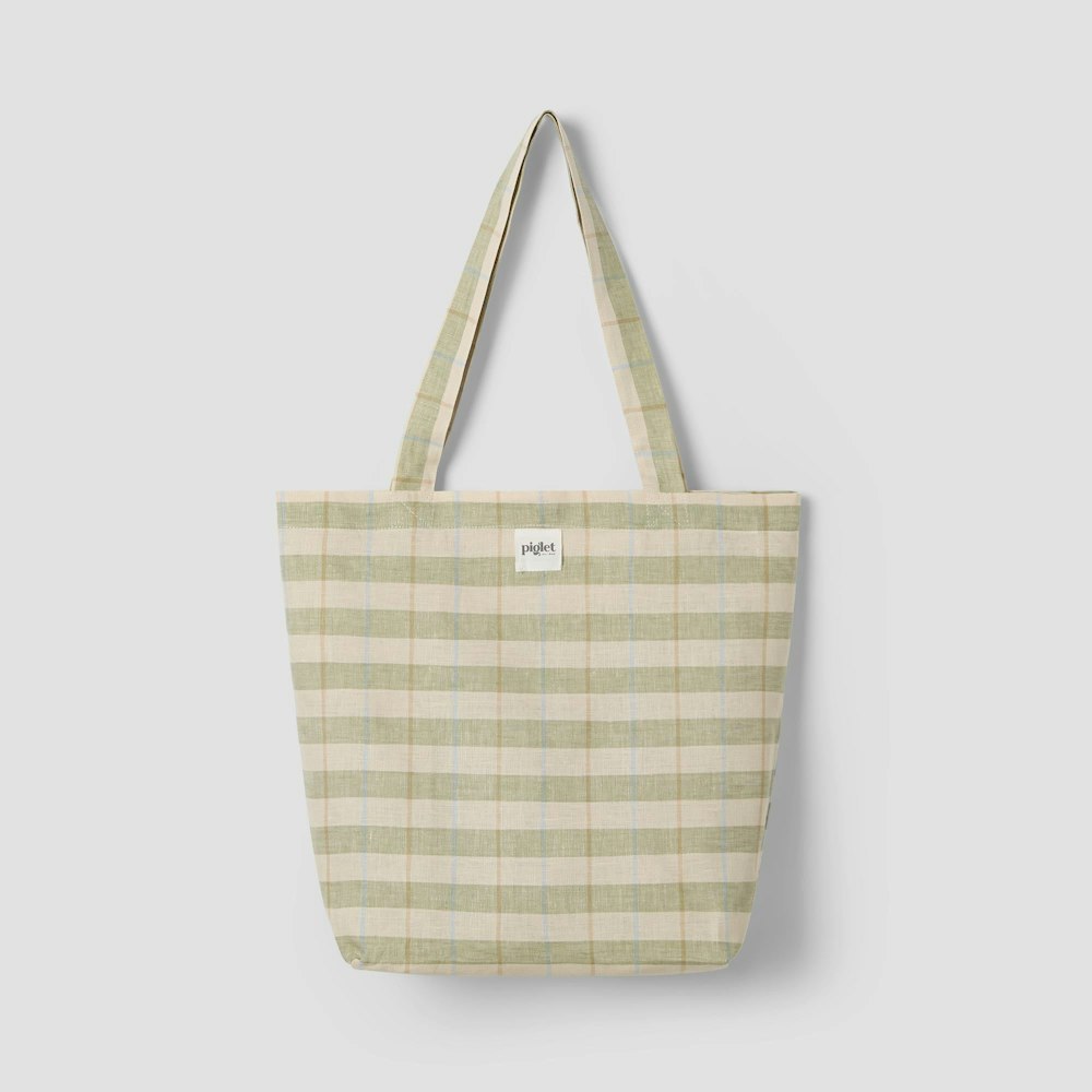 Piglet in Bed Pear Check Stripes 100% Linen Tote Bag