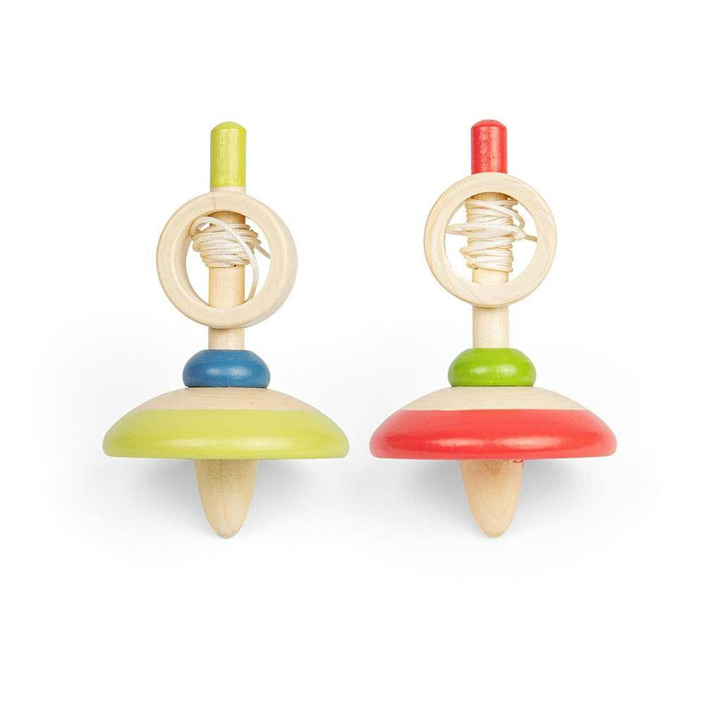 Bigjigs Toys Pull String Top - Red, Green - Pk 2