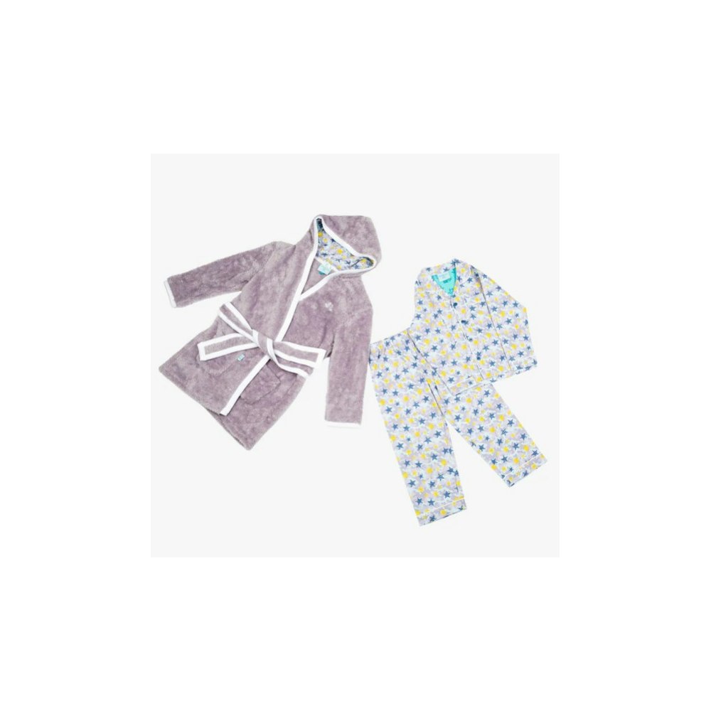 Luca and Rosa Shining Stars Boys Dressing Gown And Button Up Pyjamas Luxury Gift Set Grey