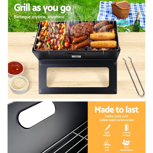 Grillz Portable BBQ Charcoal Grill Smoker Outdoor Folding Steel Camping Barbecue