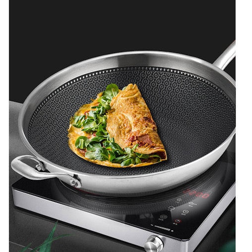SOGA 18/10 Stainless Steel Fry Pan 34cm Frying Pan Top Grade Textured Non Stick Interior Skillet with Helper Handle and Lid SOGA 18/10 Stainless Steel Fry Pan 34cm Frying Pan Top Grade Textured Non Stick Interior Skillet with Helper Handle and Lid
