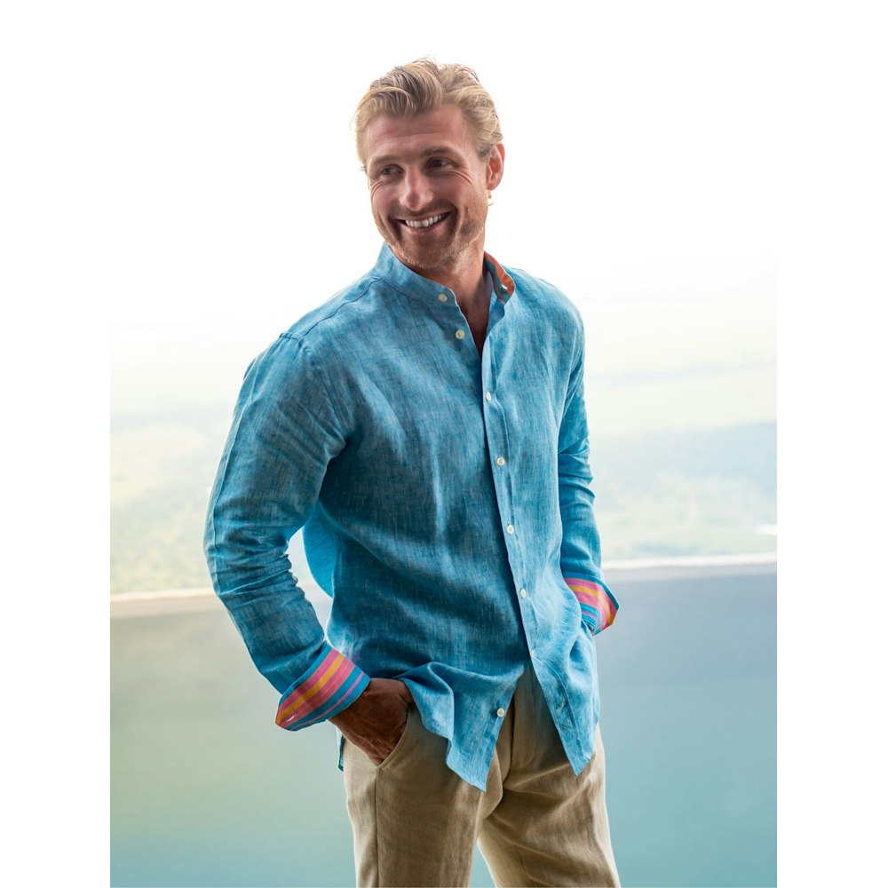 Koy Clothing Nyota Turquoise Linen Shirt - Grandfather Collar