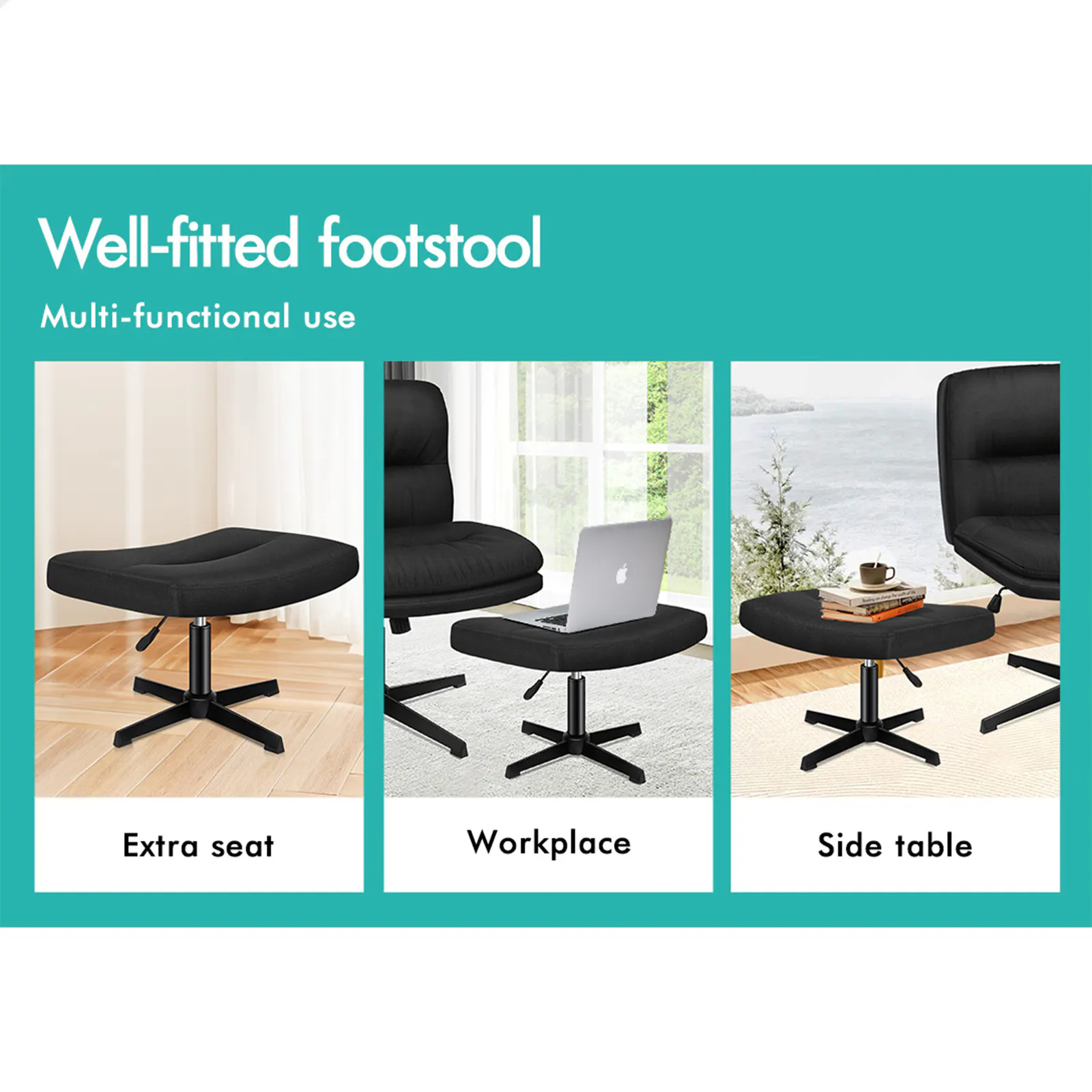 Alfordson Office Chair Computer Seat Cross-legged Work Ottoman Fabric Black
