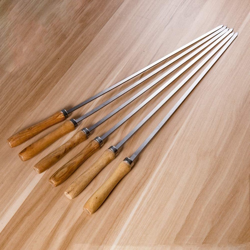 6 Pack Flat Blade Barbecue Shish Kebab Skewers of Stainless Steel with Wooden Handle image number null