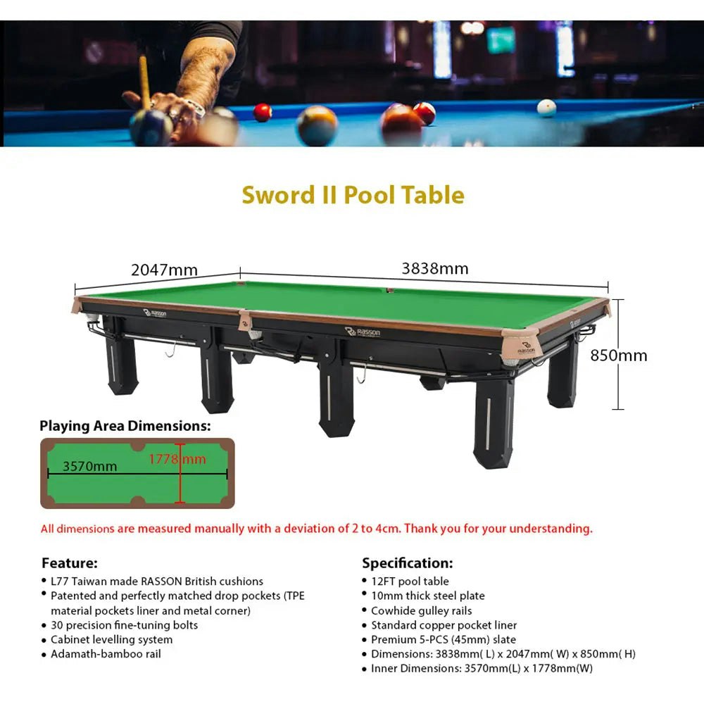 RASSON 12FT Sword Luxury Competition Pool / Billiards / Snooker Table