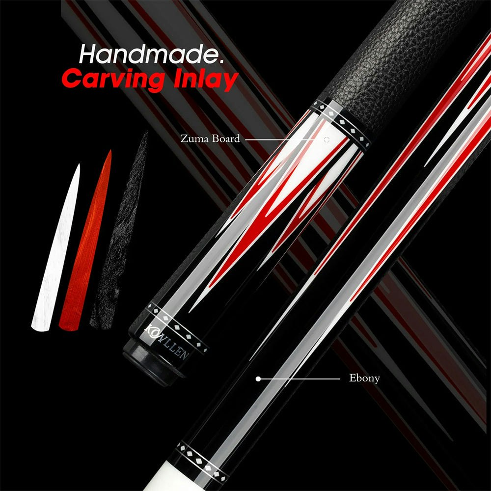 Konllen AK75-001 147CM 2-Piece Pool Cue Black Ebony Wood 18.5-20OZ Billiard Cue - Red&Black
