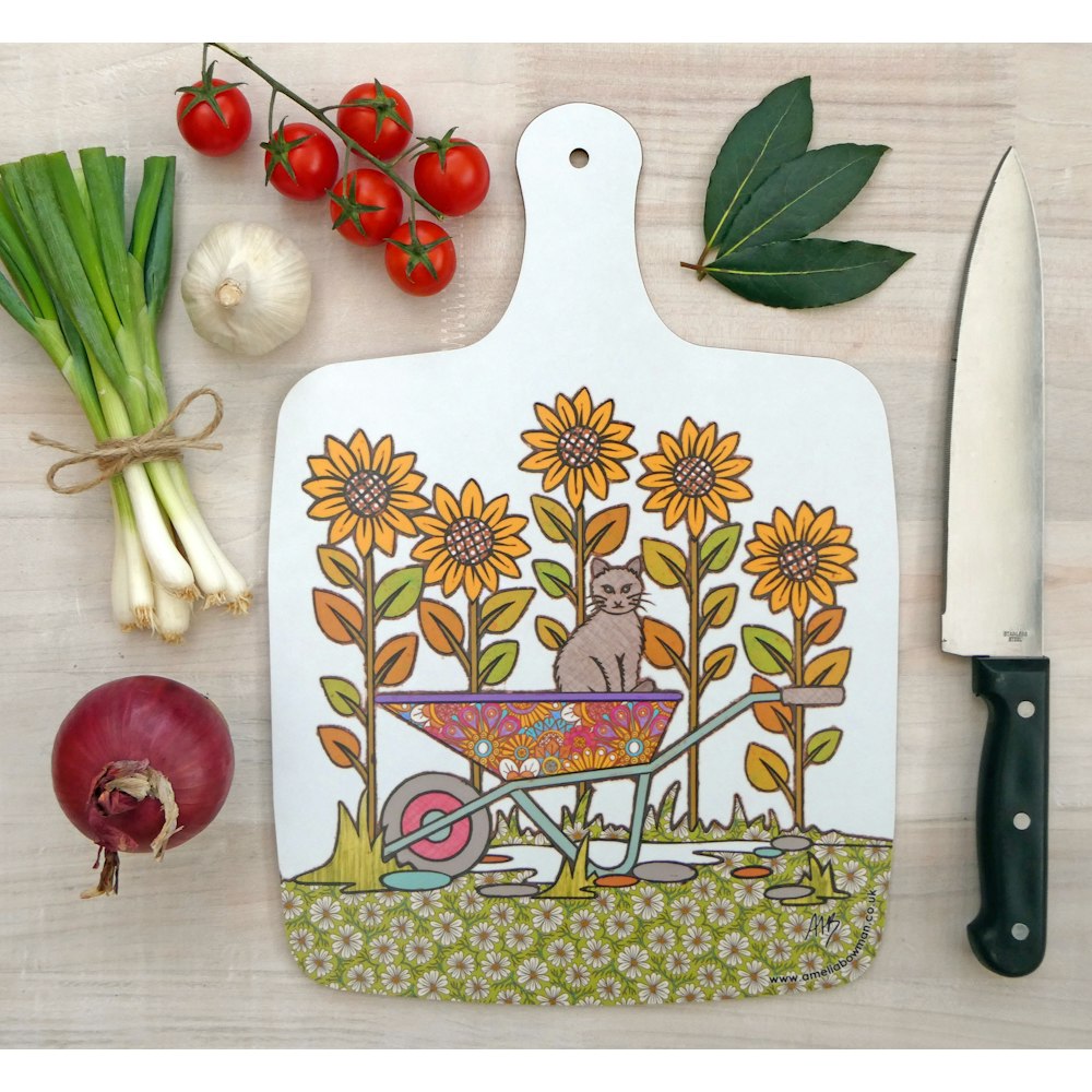 Amelia Bowman Cat And Sunflowers Chopping Board