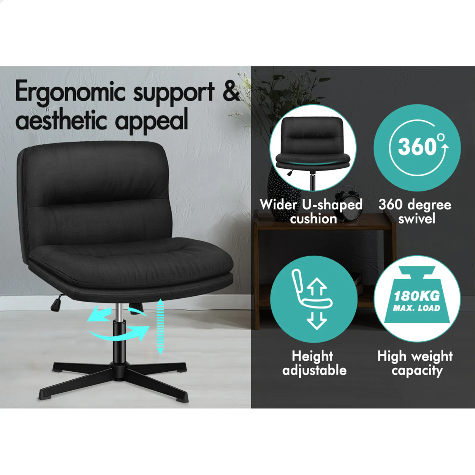 Alfordson Office Chair Computer Seat Cross-legged Work Ottoman Fabric Black