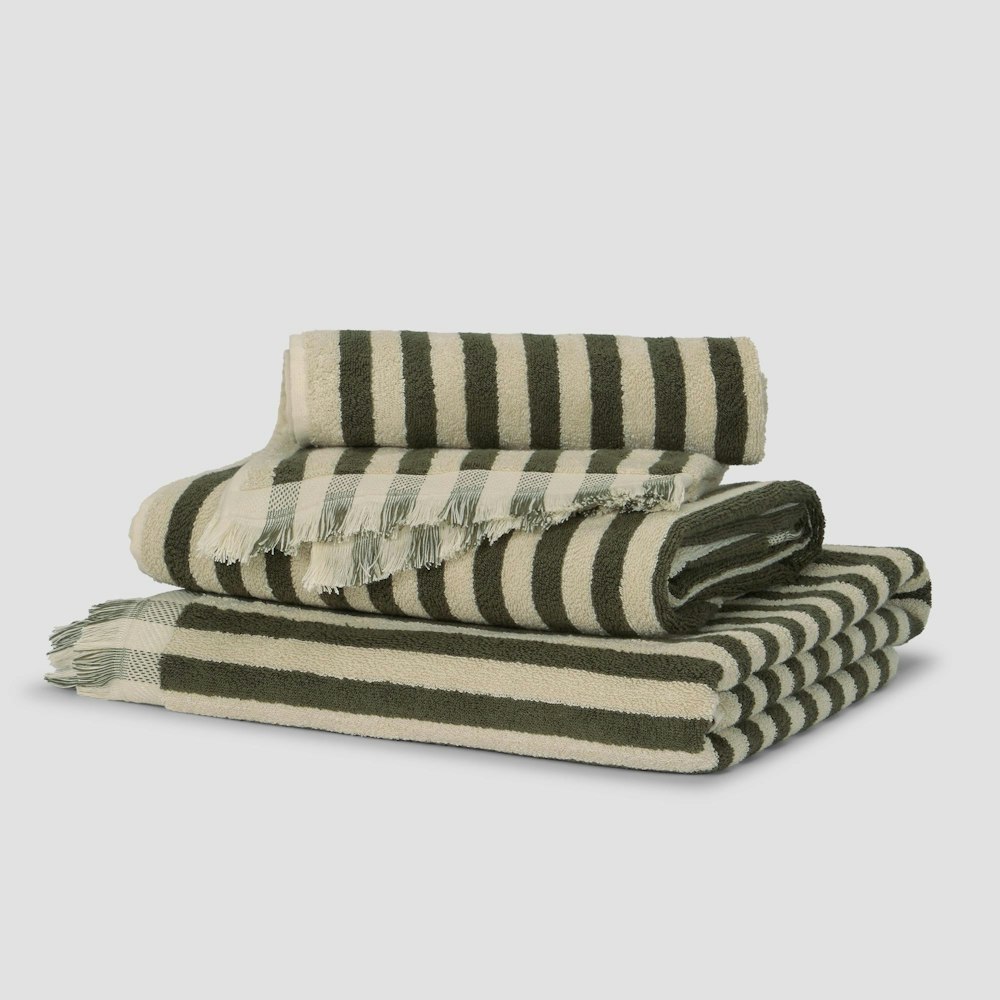 Piglet in Bed Olive Green Pembroke Stripe Cotton Towels