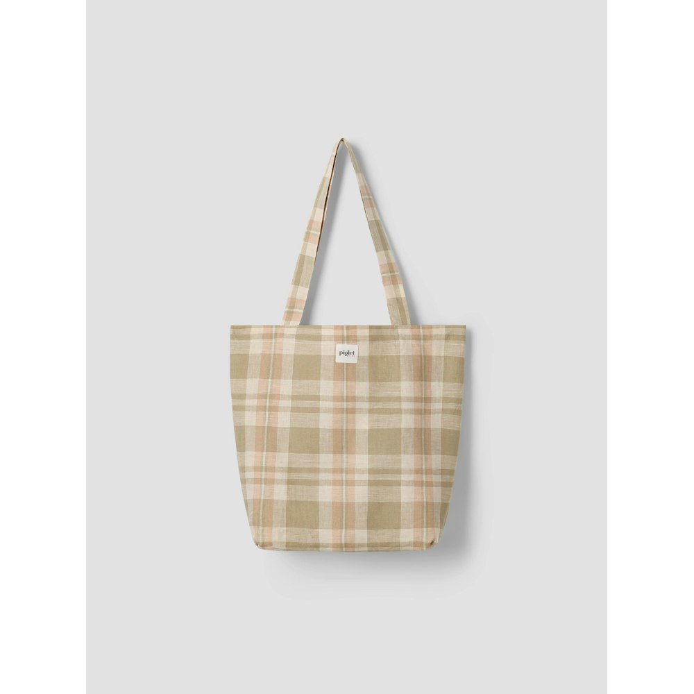 Piglet in Bed Taupe Check 100% Linen Tote Bag