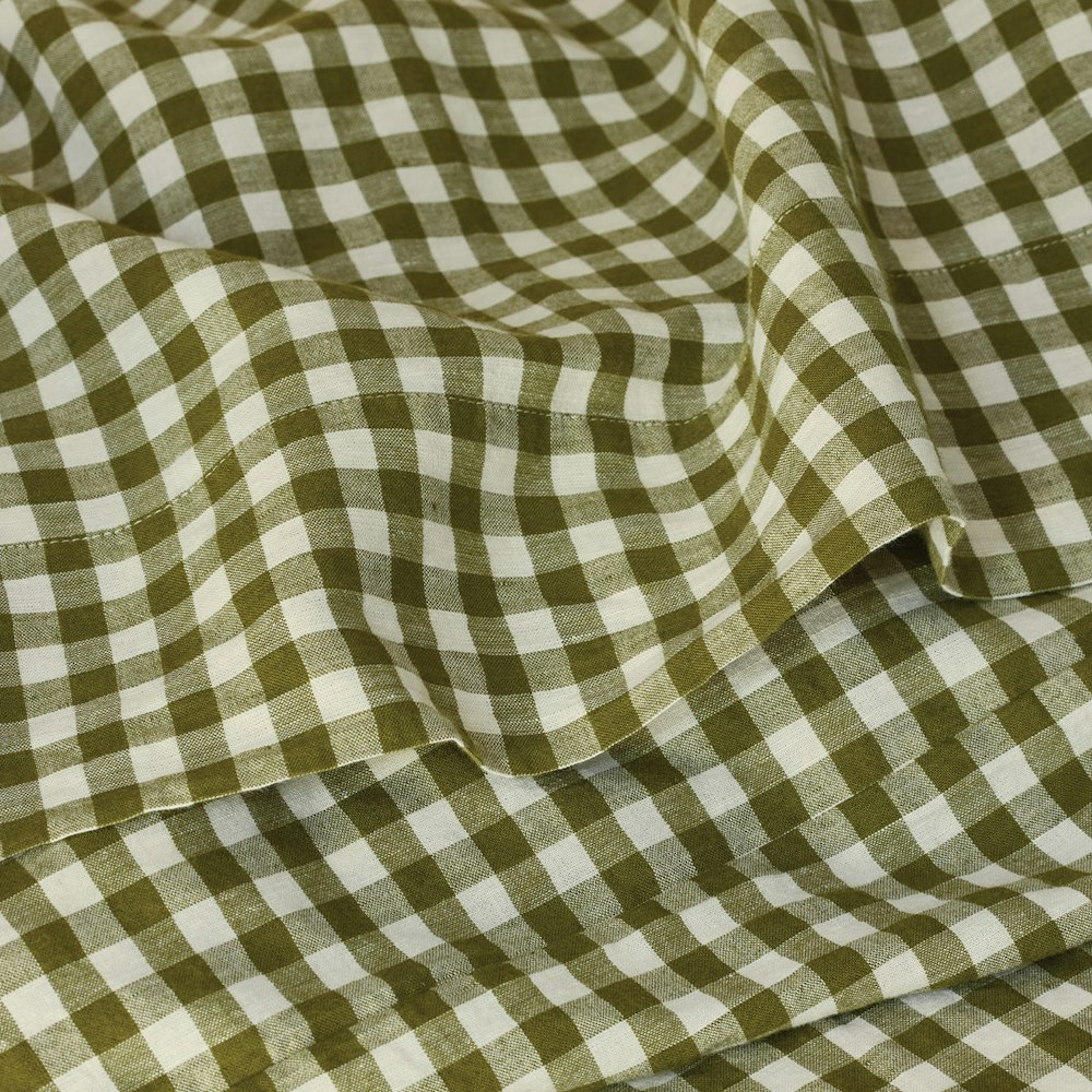 Piglet in Bed Botanical Green Gingham 100% Linen Flat Sheet
