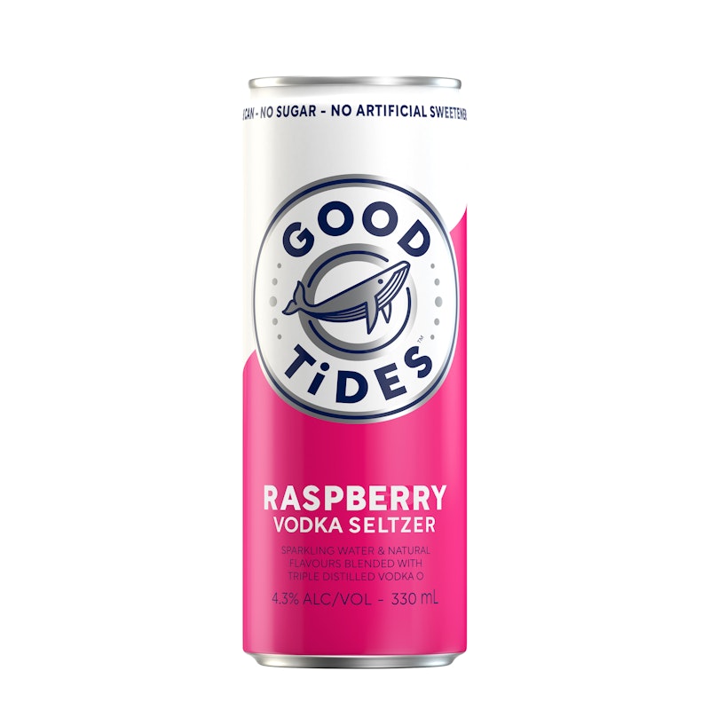 Good Tides Hard Seltzer Raspberry, Zero Sugar, Low Calorie, Refreshing Spritzed Drink, 4.3% ABV, 330mL (Case of 24 Cans) image number null