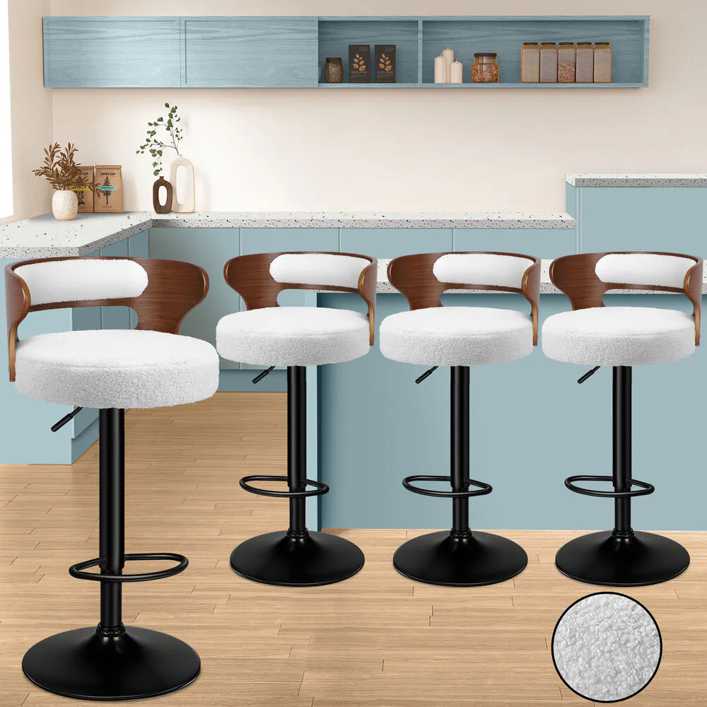 Alfordson 4x Bar Stool Kitchen Swivel Chair Wooden Boucle Ramiro White