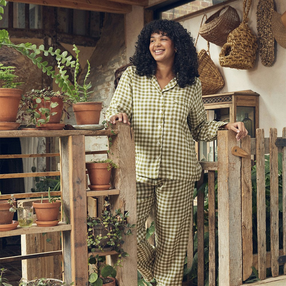 Piglet in Bed Botanical Green Gingham Linen Blend Pyjama Trouser Set