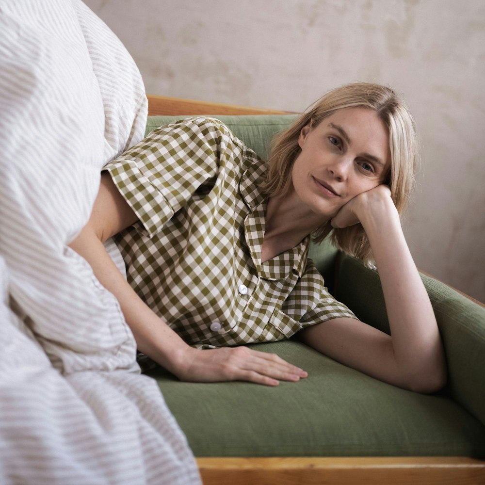 Piglet in Bed Botanical Green Gingham Linen Blend Pyjama Short Set