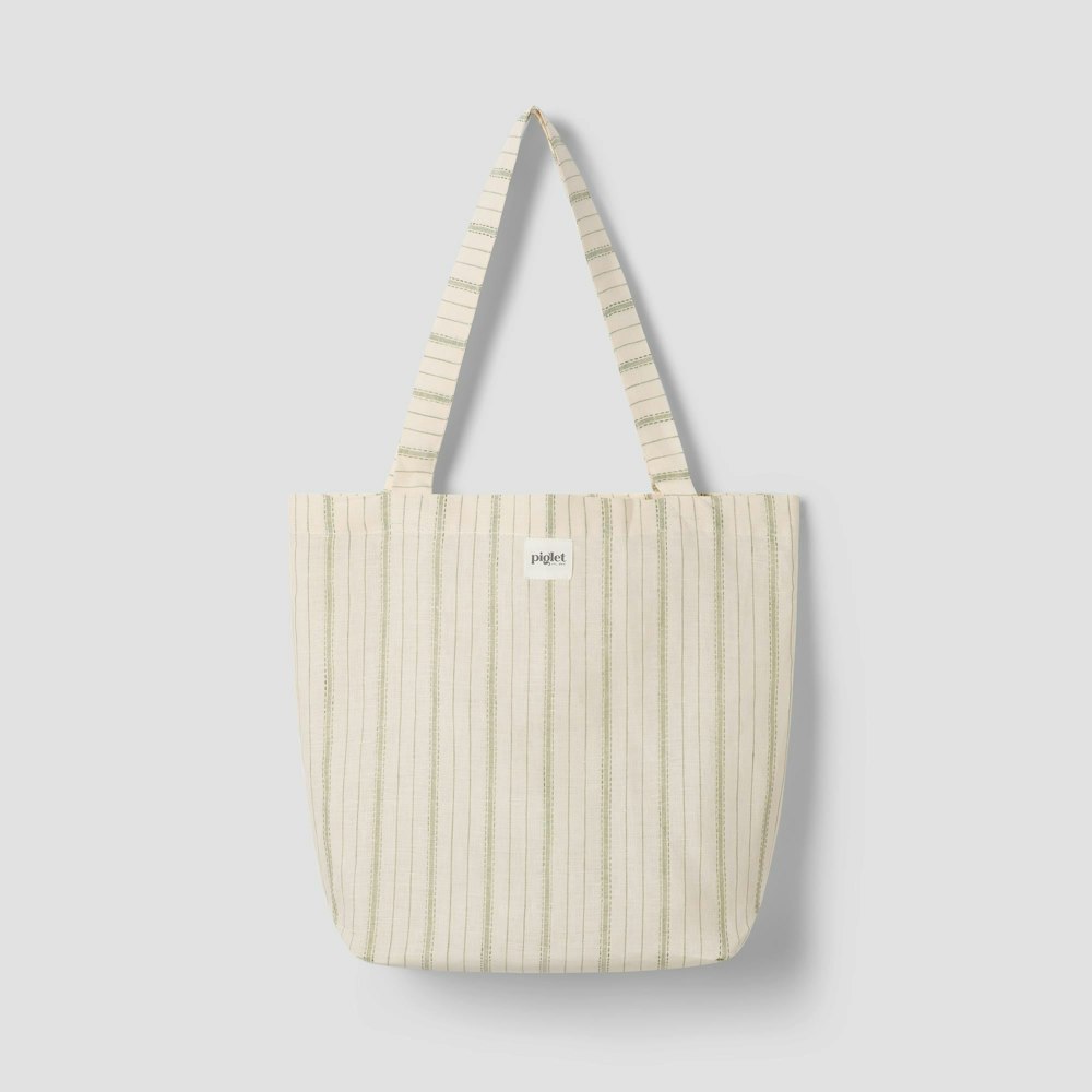 Piglet in Bed Pear Ticking Stripe 100% Linen Tote Bag