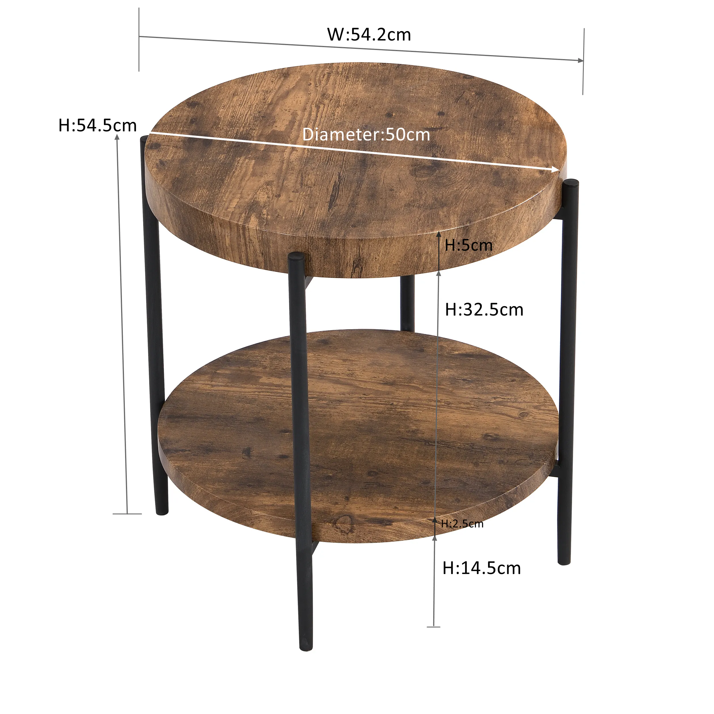 IHOMDEC 2-Tier Wooden Round Side Table with 4 metal legs Rustic Dark Brown
