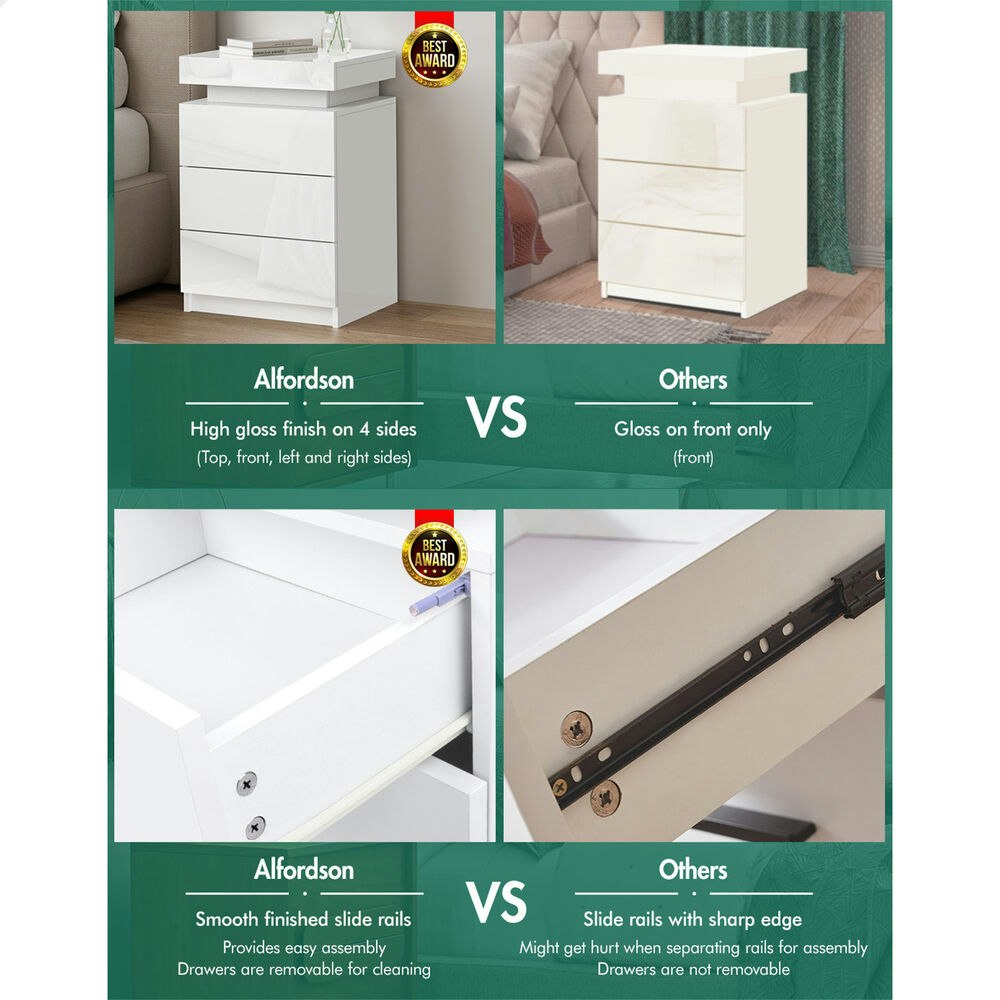 Alfordson 2x Bedside Table LED White Gloss