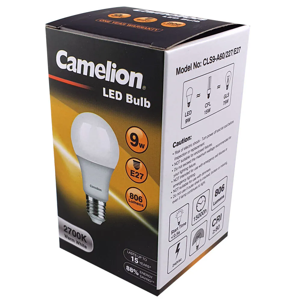 3x Camelion LED Light Bulb E27 9W 240V 2700K Edison 806 Lumen Globe Warm White