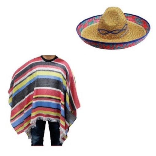MEXICAN PONCHO & SOMBRERO SET Costume Wild West Cowboy Party Blanket Indian MEXICAN PONCHO & SOMBRERO SET Costume Wild West Cowboy Party Blanket Indian