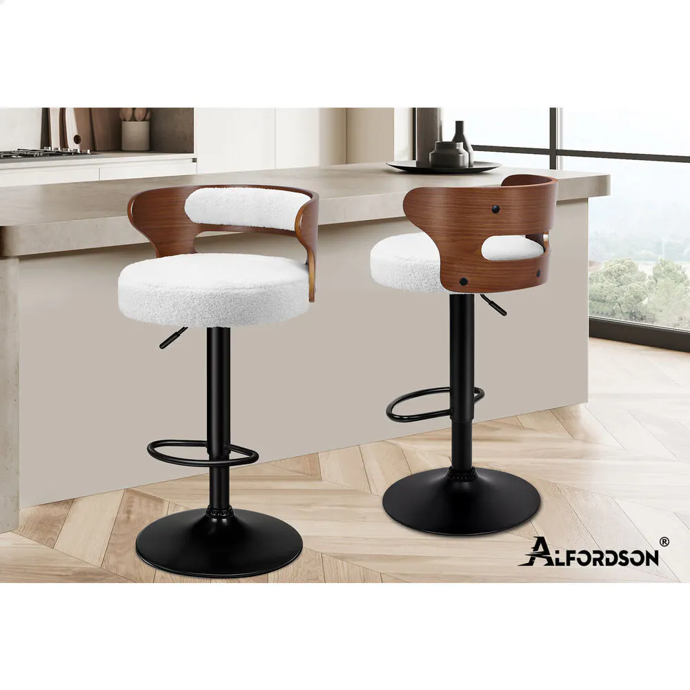 Alfordson 4x Bar Stool Kitchen Swivel Chair Wooden Boucle Ramiro White