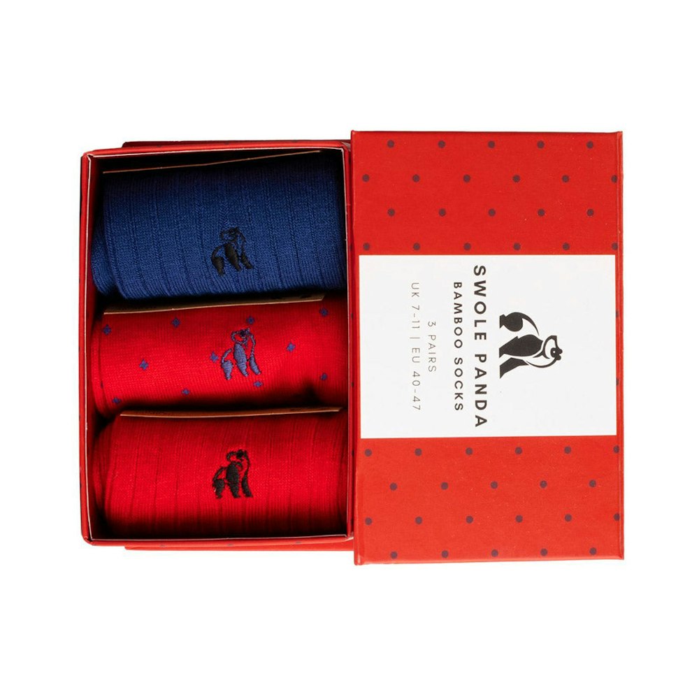 Swole Panda Red And Blue Sock Box - 3 Pairs Of Bamboo Socks (his)