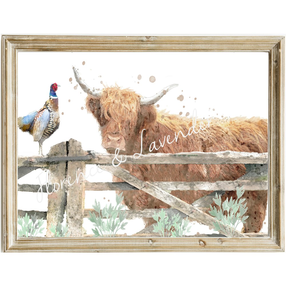 Florence and Lavender Watercolour Highland Cow & Pheasant Print