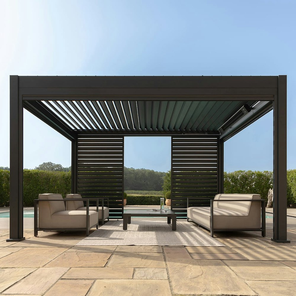Maze Maze Eden - 3m X 4m Aluminium Metal Outdoor Garden Pergola With Led Lights & Motorised Roof (customise With Blinds Or Louvres)