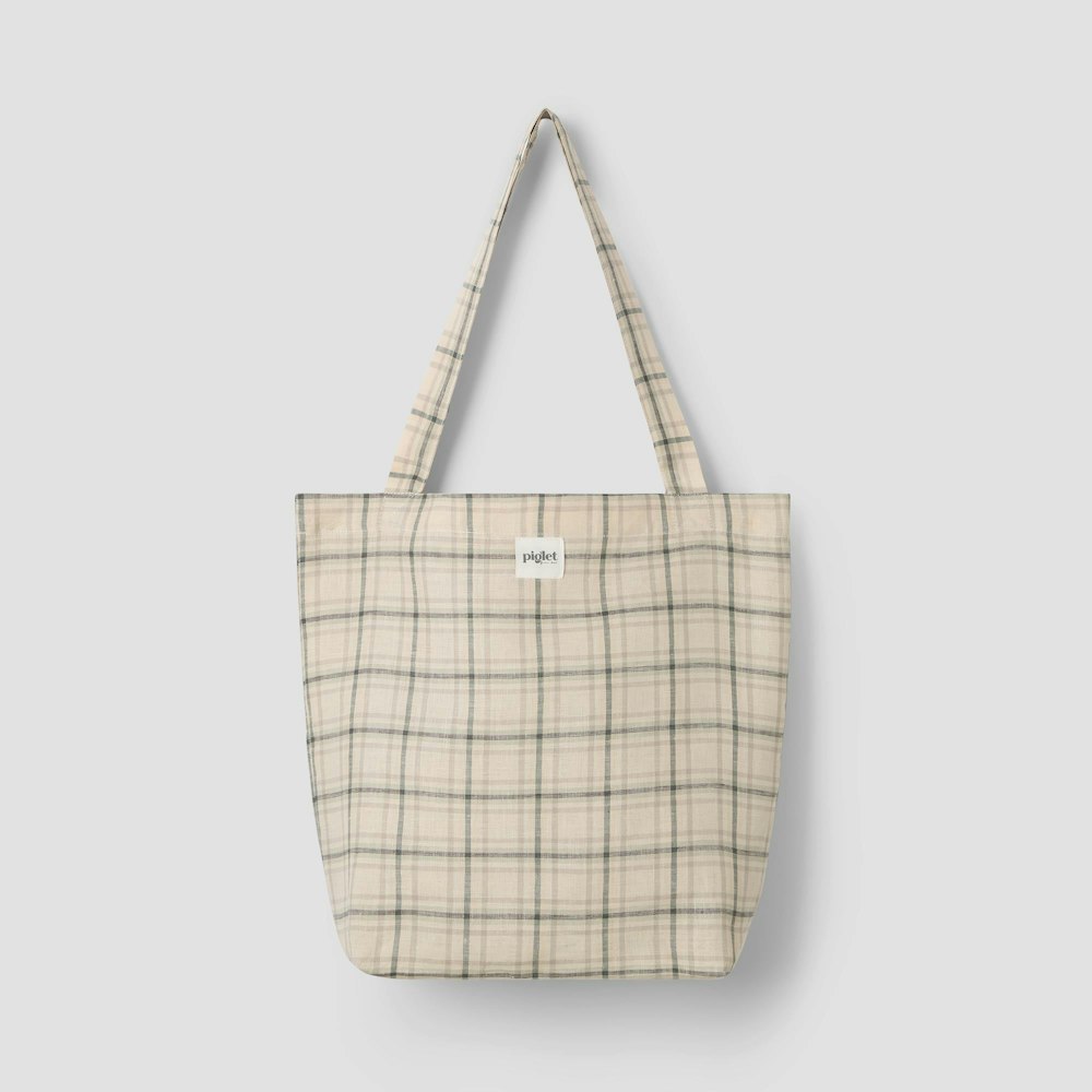 Piglet in Bed Natural Check 100% Linen Tote Bag
