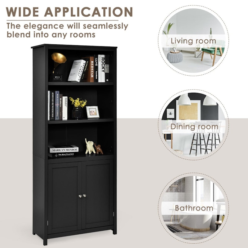 NNECW 3-Shelf Bookcase with Double Doors & Adjustable Shelves & Cabinet-Black image number null