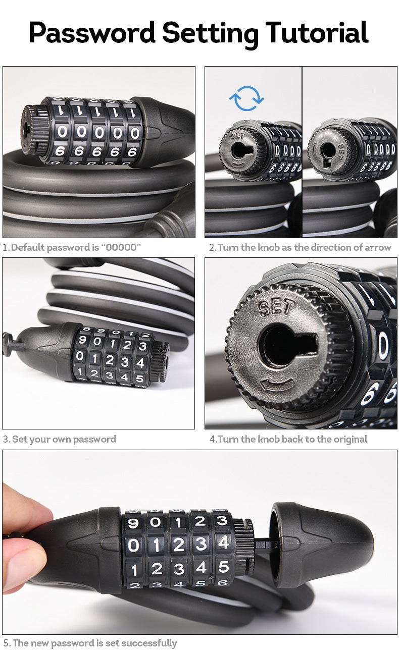 Safety Bike Cable Lock Light Reflective W/ 5-Digit Password Accessories