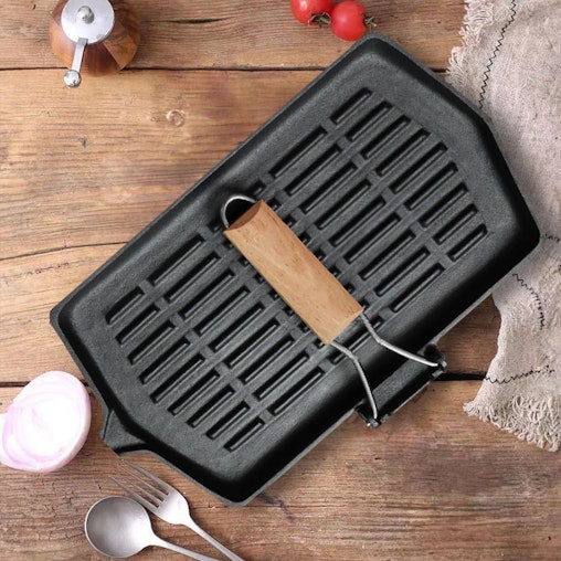 SOGA 2X Rectangular Cast Iron Griddle Grill Frying Pan with Folding Wooden Handle SOGA 2X Rectangular Cast Iron Griddle Grill Frying Pan with Folding Wooden Handle