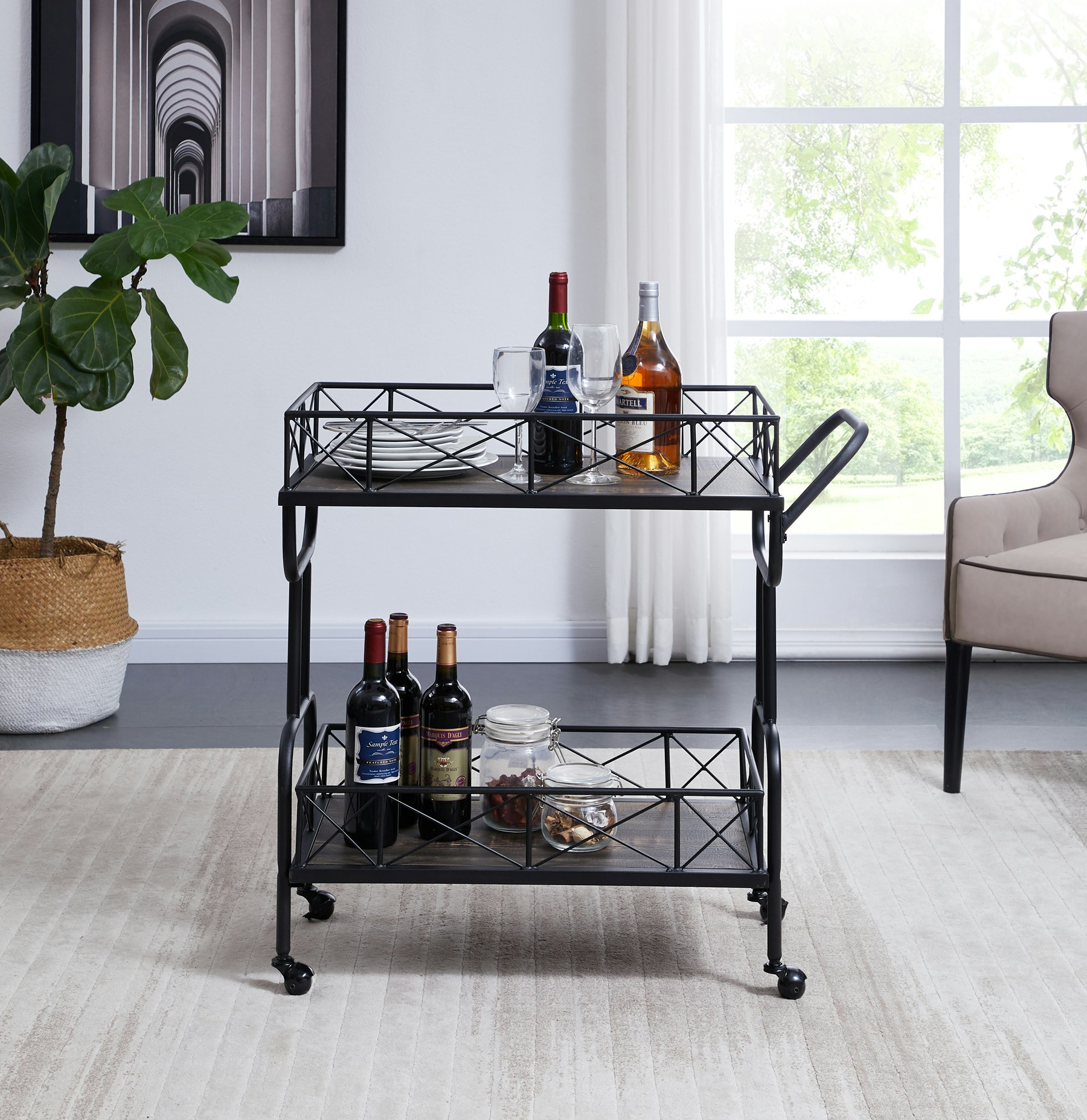 IHOMDEC Drink Trolley Wood and Metal Bar Carts Vintage Grey